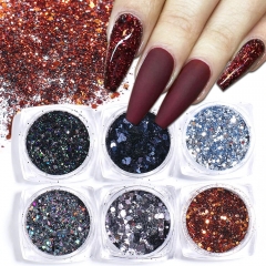 6colors/set Nail Glitter Winter Nail Art Black Silver Brown Sparkles Sequins Shinning Dust Luxury Flakes For Manicure Decor
