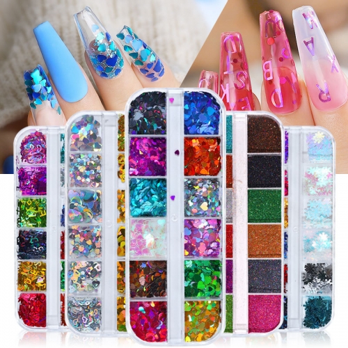 12colors/box Nail Sequins Ins Style Hot Selling Nail Gold And Silver Heart-Shaped Letters Laser Patch Set