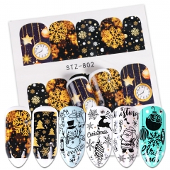 1sheet Nail Water Decals Christmas Sliders Stickers Gold Black Santa Claus Snowman Stars Deer Trees Adhesive Manicure
