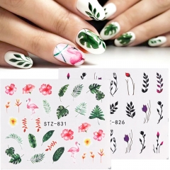 1sheet Nail Stickers Green Leaf Flamingo Flowers Feather Water Decals Nail Art Decorations Wraps Sliders Manicure