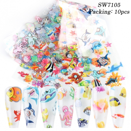 10designs/set Nail Sticker Cartoon Transfer Foil Nail Ocean World Shark Clownfish Animal Pattern Kid Nails Slider Wrap Manicure