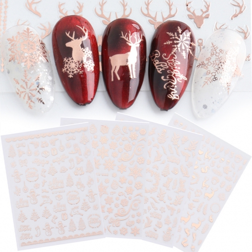 1sheet Rose Gold 3D Nail Art Sticker Christmas Design Snowflake Santa Xmas Tree Metal Nail Decorations Slider Polish Tips