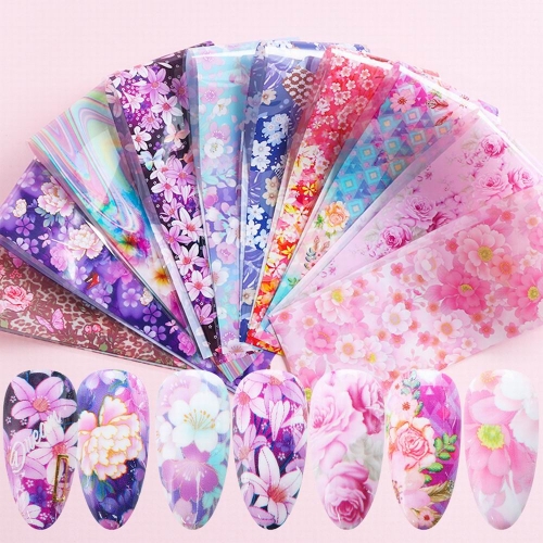 10pcs/set Transfer Foil For Nail Blooming Flowers Starry Sky Paper Mix Design Strips For Nail Wraps Decals Manicure Sliders