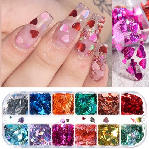 12colors/box Glitter Sequins for Nail Love Heart-shape Flakes Mirror Holographic Paillette Gel Polish Nail Art Decorations