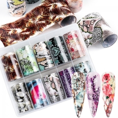 10 Rolls/Box Nail Foils Stickers Flowers Snake Skin Animals Print Nail Art Transfer Wraps Decals Holographic Paper Manicure