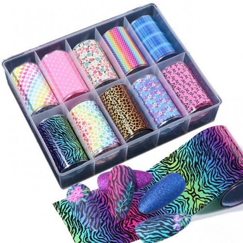 10rolls/box Holographic Nail Transfer Foils Wraps Sticker Leopard Flowers Gradient Star Holo Starry Paper Manicure Decor Set