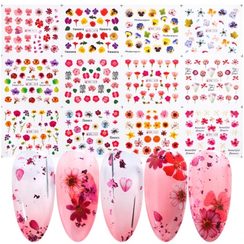 12pcs/set Dried Flower Leaf Nail Stickers Decoration Blossom Nail Art Water Transfer Foils Decals Fall Design Manicure