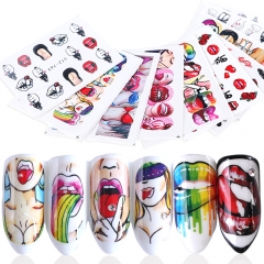 9pcs/set Sexy Girls Design Nail Art Stickers Rainbow Lips Water Decal Gun and Rose Nail Wraps Slider Manicure Decor