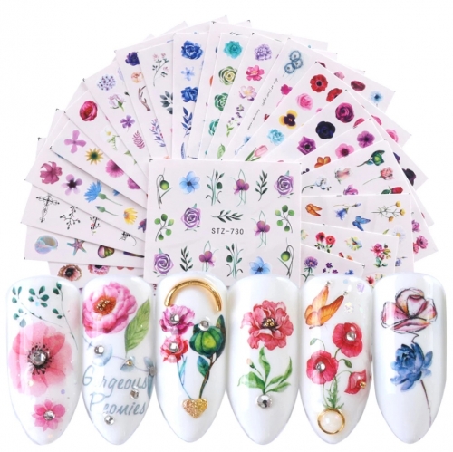 24pcs/set Nail Water Sticker Set Charms Flower DIY Wraps For Nail Art Decoration Sliders Manicure Water Transfer Decals