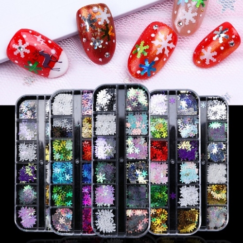 12colors/box Holographic Nail Glitter Flakes 3D Sequins Snowflakes White Dipping Powder Acrylic Nails Art Decorations Pigment