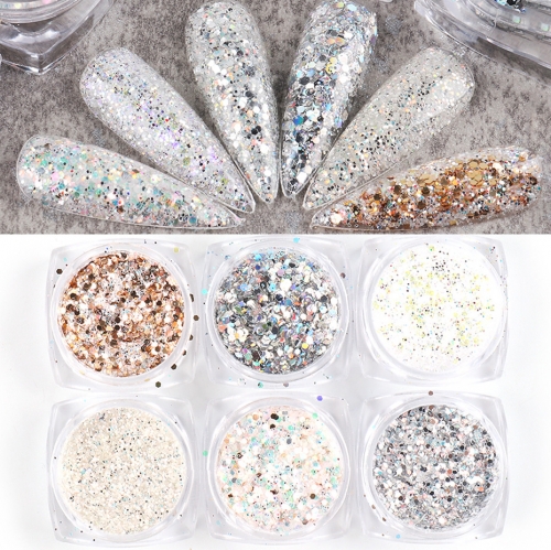 6jars/set Laser Hexagon Nail Glitter Sequins For Manicure Silver Champagne Chrome Pigment Flakes Nail Art Decorations
