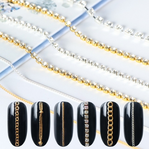 6pcs/pack Hollow Metal Chain for Nails Mixed Color Charms Jewelry Tiny Gold Line 3D Alloy Studs Strass Nail Art Accessories