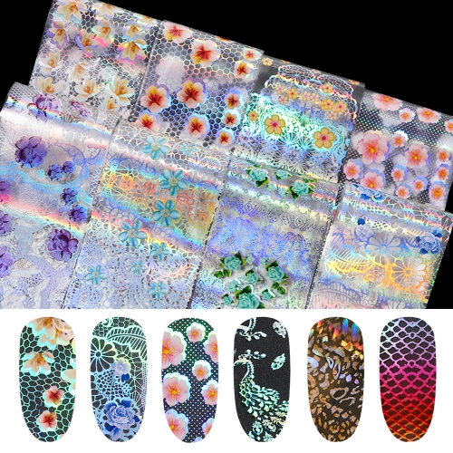 16pcs/Set Mix White Lace Nail Art Transfer Foils Holographic Flowers Designs Nail Stickers Decal Wraps Decoration Manicure