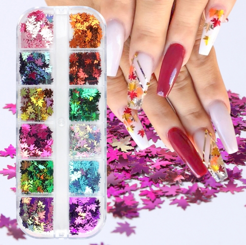 12colors/box Autumn Leaves Nail Art Sequins Maple Mirror Leaf Charms Holographic Glitter Chameleon Slice For Acrylic Manicure