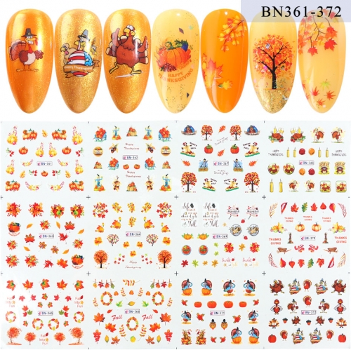 12designs/set Autumn Water Nail Sticker Thanksgiving Turkey Maple Leaf Nail Art Decals DIY Slider Tattoo Manicure Decor