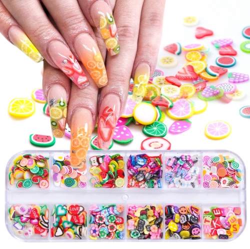 12designs/box Nail Fruit Slices Butterfly Decoration Decal Paillette Soft Polymer Clay Tips Cartoon Summer Nail Art Accessories