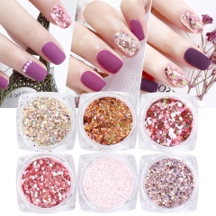 6colors/set  Rose Pink Pigment Powder Nail Art Glitter Mermaid Holographic Hexagon Round Sequin Flakes Nail Polish Paillettes