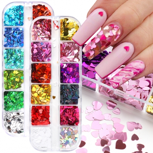 12colors/box Sweet Love Heart Nail Glitter Sequins Rose Gold Silver Shining Laser Nail Art Paillette Manicure Decorations