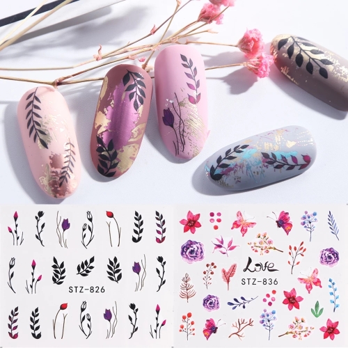 48pcs/set Water Nail Stickers Decal Black Flowers Leaf Transfer Nail Art Decorations Slider Manicure Watermark Foil Tips