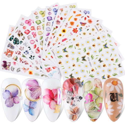 3D Flowers Nail Stickers Gradient Floral Leaf Butterfly Nail Art Adhesive Decals Sliders Nail Tools Manicure Kit