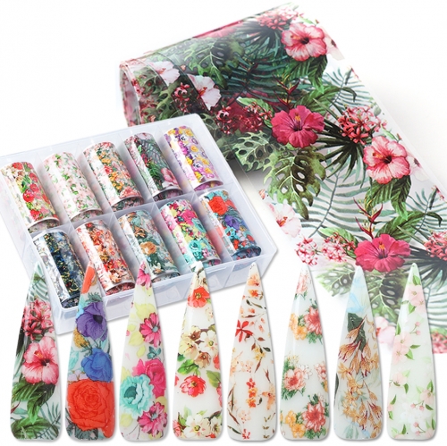 10rolls/box Nail Foils Flowers Leaf Foils Paper Nail Art Transfer Sticker Slider Wraps DIY Manicure Decals Decorations