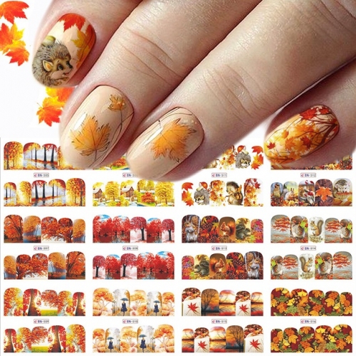 12designs/sheet Water Decals Autumn Nail Stickers Gold Maple Leaves Nail Art Sliders Sets Manicure Polish Foils Decoration Tips