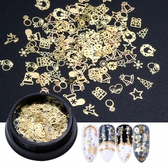 1jar 3D Gold Metal Slices Nail Art Decoration Christmas Snowflake Star Mixed Design Hollow Tiny Slice Nail Accessories