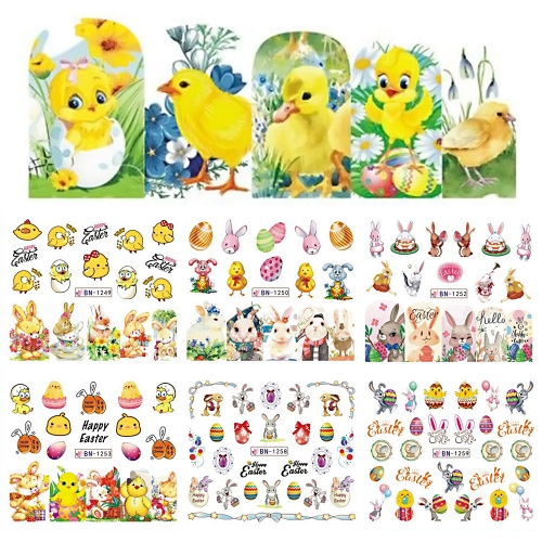 12designs/set Cartoon Slider For Nails Water Decal Cute Rabbit Duck Easter Egg Watermark Nail Stickers Manicure Decoration