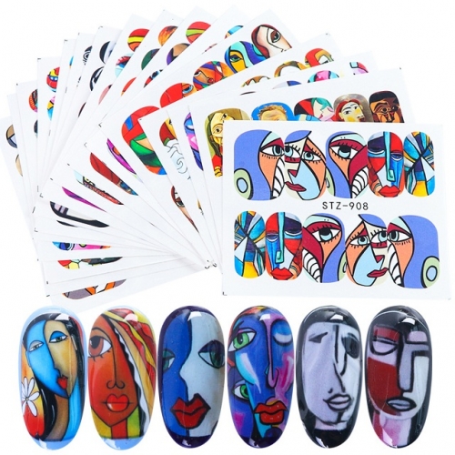 16pcs/set Nail Stickers Abstract Line Image Water Sliders Colorful Face Nail Art Transfer Decal Manicure Wrap Decoration