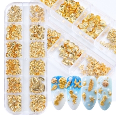12 Grids/set Gold Nail Art Alloy Studs Seaside 3D Decorations Sea Shell Star Feathers Charm Metal Frame Rivets Nail Sequin Accessories