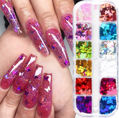 12colors/box Holographic Nail Glitter Sequins Sparkly 3D Thin Butterfly Flakes Polish Decor for Nail Art Accessories