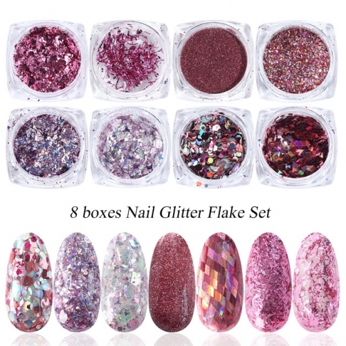 8colors/set Nail Art Sequins Holographic Nail Glitter Dip Powder Set Rose Gold Pigment Manicure Decoration Nail Polish