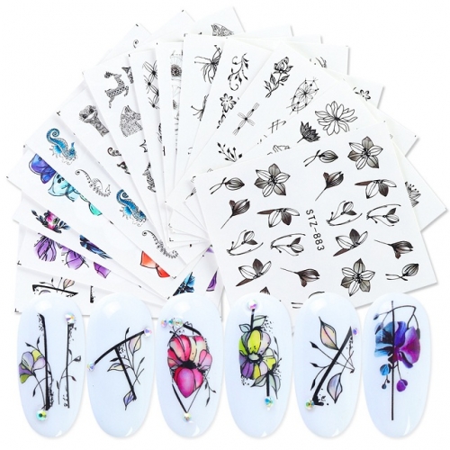 13pcs/set Nail Stickers on Nails Blooming Flower Butterfly Watercolor Water Transfer Hollow Slider For Nails Art