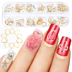 1 Case Gold Nail Art Alloy 3D Metal Charm Jewelry Cross Round Heart Oval Waterdrop Triangle Mixed Design Nails Accessories