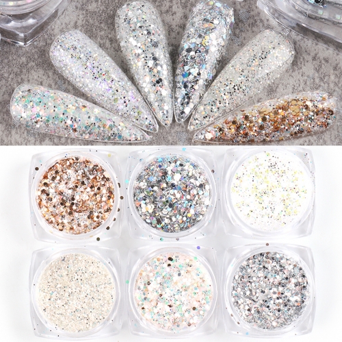 6colors/set Laser Hexagon Nail Glitter Sequins For Manicure Silver Champagne Chrome Pigment Flakes Nail Art Decorations