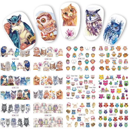 12designs/sheet Cute Owl Cartoon Nail Water Sticker Lovely Bird Animals Water Transfer Decals Flowers Pattern Watermark