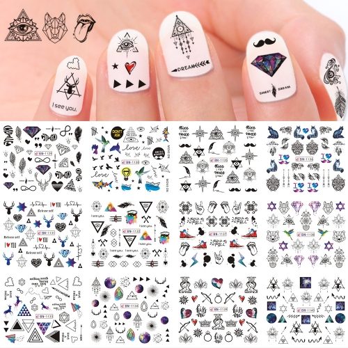 12 Designs/sheet Harajuku Style Nail Stickers Starry Sky Geometry Water Decal Sliders For Nail Art Decoration Manicure Wraps