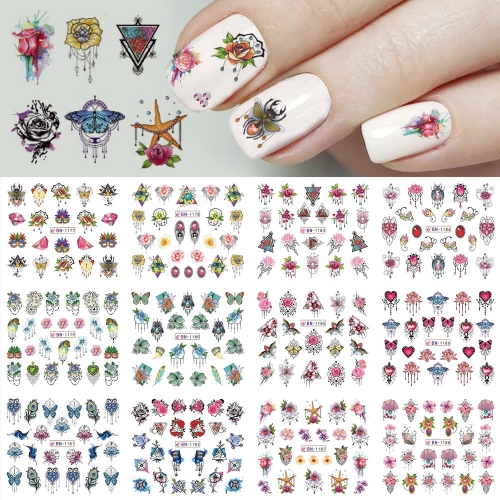 12 Designs/sheet Water Colorful Nail Jewelry Rose Shell Slider DIY Charm Sticker Nail Art Polish Temporary Tattoos Foil