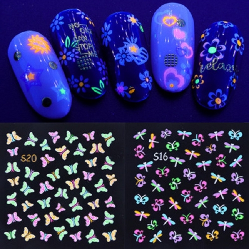 24designs/set Fluorescent Colors Nail Stickers Butterfly Flower Star Cartoon Decoration Decal 3D Transfer Adhesive Nail Art Tips