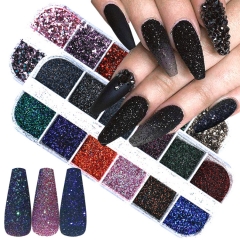 12 Grids/case Nail Glitter Set Holographic Sparkles Flakes 3D Chrome Pigment Dust Hexagon Mermaid Sequins Dried Flower Decor