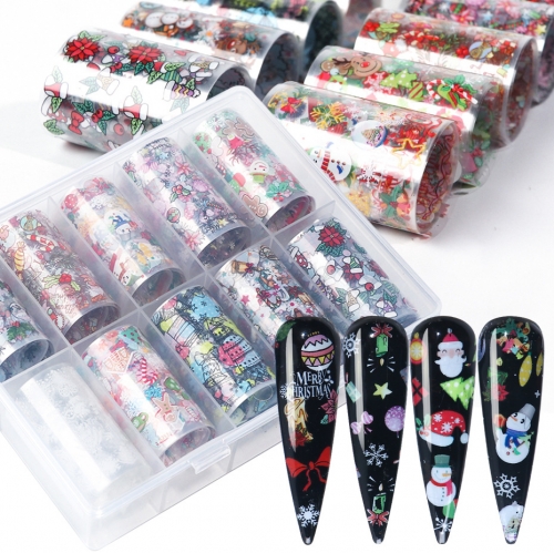 10rolls/box Christmas Santa Sticker On Nails Clear DIY Nail Art Transfer Foil Snowman Elk Adhesive Tips Gel Polish Accessories