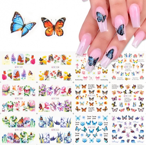 12designs/sheet Butterfly Nail Art Stickers Sliders Flowers Full Cover Nail Water Transfer Decals Tattoo Foils Decorations