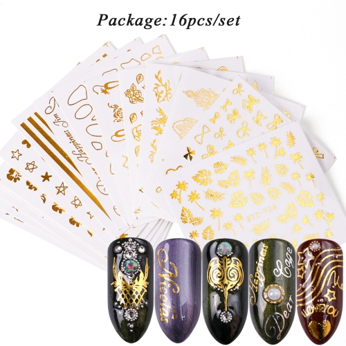 16designs/set Stickers Sliders For Nails Gold Water Decals Gold Rose Flower Nail Design Wraps Glitter Geometric Manicure Tatto