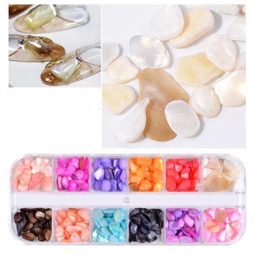 12colors/box Mixed Natural Sea-shell Abalone Slices Gradient Crushed Stone 3D Nail Art Decorations UV Gel Design Manicure Accessories