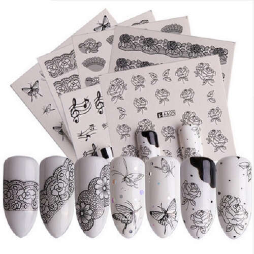 48designs/set Nail Sticker Black White Lace Flower Sliders Designs Full Warps Water Decals Mixed Design Nail Art stickers