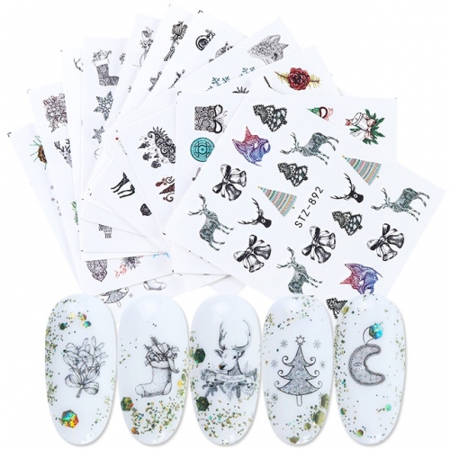 12designs/set Xmas Nail Sticker Wraps Decal Snowflake Animal Christmas Tree Flower Decals Winter Water Transfer Slider