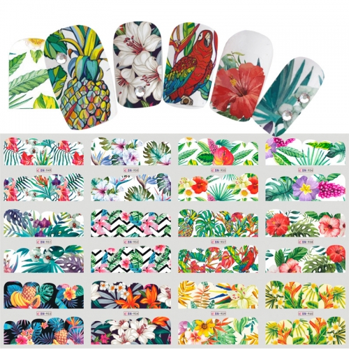 12 Design/set Nail Stickers Water Decals Gradient Flower Wraps Jungle Big Leaves Tips Sliders Nail Art Decor