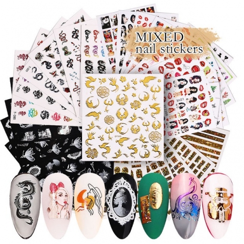 Nail Art Sticker Set Flower Snake Lace Color Bronzing Lip Pattern Nail Sticker Fashion Golden Silver Nail Art Sticker