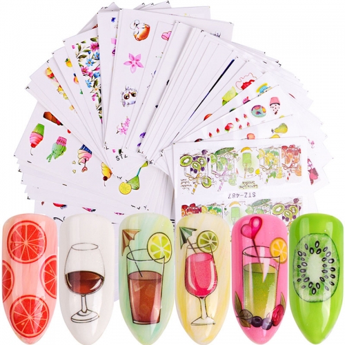 58designs/set Summer Colorful Nail Stickers Fruit Cream Cake DIY Water Transfer Decals Nail Art Decoration Sliders Manicure