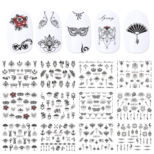 12 Designs/set Nail Polish Sticker Retro Black Owl Jewelry Flowers Mask Feather Symbol Water Decals Manicure Tattoos